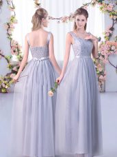 Grey Vestidos de Damas Wedding Party with Lace and Belt V-neck Sleeveless Side Zipper