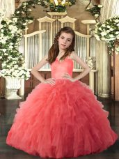 Coral Red Ball Gowns Ruffles Pageant Dress Womens Lace Up Tulle Sleeveless Floor Length