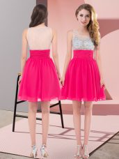 Excellent Hot Pink Chiffon Side Zipper Damas Dress Sleeveless Mini Length Beading