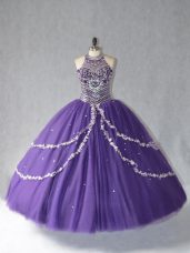 Modest Purple Quinceanera Gowns Sweet 16 and Quinceanera with Beading Halter Top Sleeveless Lace Up