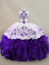 Long Sleeves Floor Length Embroidery and Ruffles Lace Up Quinceanera Dresses with White And Purple