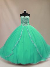 Colorful Turquoise Ball Gowns Sweetheart Sleeveless Tulle Court Train Lace Up Beading Ball Gown Prom Dress