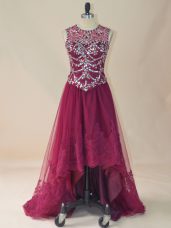 Burgundy Sleeveless High Low Beading and Lace Lace Up Winning Pageant Gowns