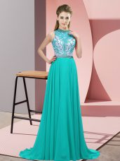 Sleeveless Beading Backless Prom Dress with Turquoise Brush Train