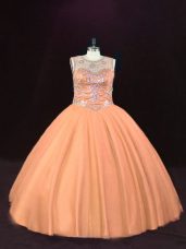 Sleeveless Floor Length Beading Lace Up Sweet 16 Quinceanera Dress with Peach