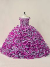 Fabulous Organza Off The Shoulder Sleeveless Brush Train Lace Up Beading and Ruffles 15 Quinceanera Dress in Multi-color