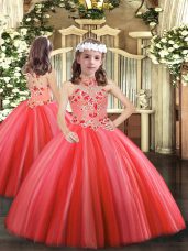 Adorable Halter Top Sleeveless Tulle Pageant Gowns For Girls Appliques Lace Up