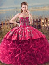 Extravagant Coral Red Sweet 16 Dresses Fabric With Rolling Flowers Sleeveless Embroidery and Ruffles