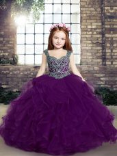 Superior Straps Sleeveless Lace Up Pageant Gowns For Girls Eggplant Purple Tulle