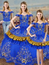 Fashion Off The Shoulder Sleeveless 15 Quinceanera Dress Embroidery Blue Satin