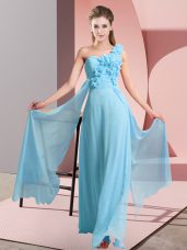 Modest Aqua Blue Sleeveless Floor Length Hand Made Flower Lace Up Bridesmaid Dresses