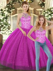 Noble Halter Top Sleeveless Lace Up Quinceanera Gowns Fuchsia Tulle