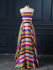 Fancy Strapless Sleeveless Teens Party Dress Floor Length Ruching Multi-color Printed