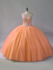 Ideal Ball Gowns Sweet 16 Quinceanera Dress Orange Scoop Tulle Sleeveless Floor Length Lace Up