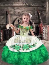 Floor Length Green Little Girl Pageant Dress Organza Sleeveless Beading and Embroidery and Ruffles