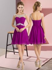 Purple Cap Sleeves Mini Length Beading Lace Up Vestidos de Damas
