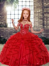 Red Lace Up Kids Formal Wear Beading Sleeveless Floor Length
