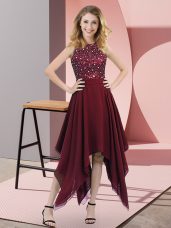 Fashion Burgundy Empire High-neck Sleeveless Chiffon Asymmetrical Zipper Beading and Sequins Prom Evening Gown