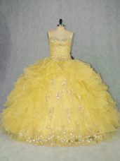 Custom Made Yellow Organza Lace Up Sweetheart Sleeveless Floor Length Sweet 16 Quinceanera Dress Appliques and Ruffles