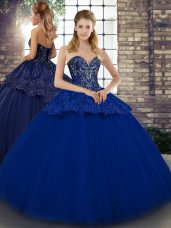 Royal Blue Tulle Lace Up Quinceanera Gown Sleeveless Floor Length Beading and Appliques