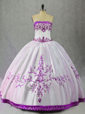 High Class Strapless Sleeveless Lace Up Quince Ball Gowns White And Purple Satin