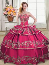 Glamorous Sweetheart Sleeveless Sweet 16 Dress Floor Length Embroidery and Ruffled Layers Hot Pink Organza
