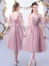 Lace and Belt Bridesmaid Gown Pink Lace Up Sleeveless Tea Length