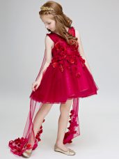 Wine Red Sleeveless Watteau Train Hand Made Flower Flower Girl Dresses for Less