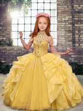 Eye-catching Floor Length Lace Up Pageant Gowns For Girls Gold for Party and Wedding Party with Beading and Ruffles