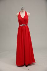 Floor Length Red Evening Dress Halter Top Sleeveless Zipper