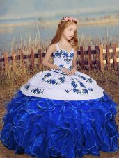 Royal Blue Ball Gowns Straps Sleeveless Organza Floor Length Lace Up Embroidery and Ruffles Little Girl Pageant Dress