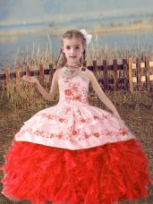Coral Red Lace Up Party Dress Wholesale Beading and Embroidery and Ruffles Sleeveless Floor Length
