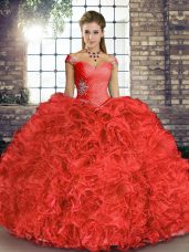 Extravagant Coral Red Sleeveless Floor Length Beading and Ruffles Lace Up Sweet 16 Quinceanera Dress