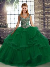 Noble Beading and Ruffles Sweet 16 Dress Green Lace Up Sleeveless Floor Length