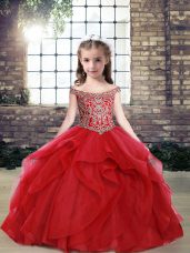 Beautiful Red Child Pageant Dress Party and Wedding Party with Beading and Ruffles Off The Shoulder Sleeveless Lace Up