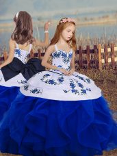 Royal Blue Lace Up Little Girl Pageant Gowns Sleeveless Floor Length Embroidery and Ruffles