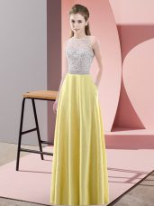 Fine Satin Scoop Sleeveless Backless Beading Prom Gown in Yellow