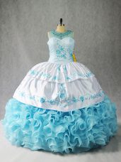 Sexy Baby Blue Fabric With Rolling Flowers Lace Up Scoop Sleeveless Floor Length Vestidos de Quinceanera Beading and Embroidery and Ruffles