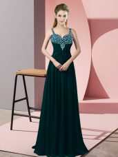 Best Selling Peacock Green Chiffon Zipper Prom Gown Sleeveless Floor Length Beading