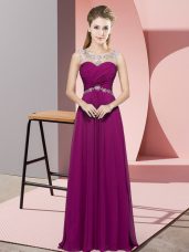 Great Fuchsia Backless Prom Dresses Beading Sleeveless Floor Length