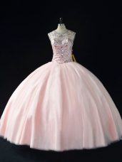 Pink Lace Up Sweet 16 Dresses Beading Sleeveless Floor Length