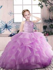 Charming Floor Length Zipper Little Girls Pageant Dress Wholesale Lilac for Party and Sweet 16 and Wedding Party with Beading and Ruffles