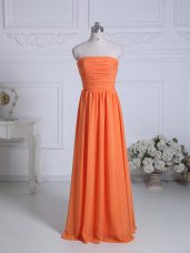 High End Orange Empire Chiffon Strapless Sleeveless Ruching Floor Length Zipper Damas Dress