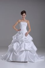 White Lace Up Strapless Beading and Pick Ups Wedding Dresses Taffeta Sleeveless Brush Train