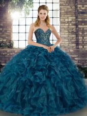 Chic Teal Sweetheart Lace Up Beading and Ruffles Sweet 16 Quinceanera Dress Sleeveless