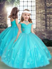 Aqua Blue Little Girls Pageant Dress Party and Wedding Party with Beading and Hand Made Flower Straps Sleeveless Lace Up