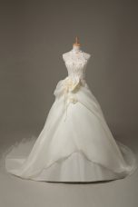 Amazing White Organza Zipper Wedding Dress Sleeveless Court Train Beading and Lace and Hand Made Flower