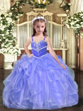 Lavender Organza Lace Up Child Pageant Dress Sleeveless Floor Length Beading and Ruffles
