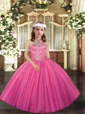 Elegant Floor Length Hot Pink Little Girls Pageant Dress Tulle Sleeveless Appliques