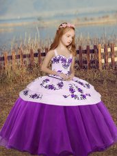 Wonderful Eggplant Purple Lace Up Little Girl Pageant Gowns Embroidery Sleeveless Floor Length